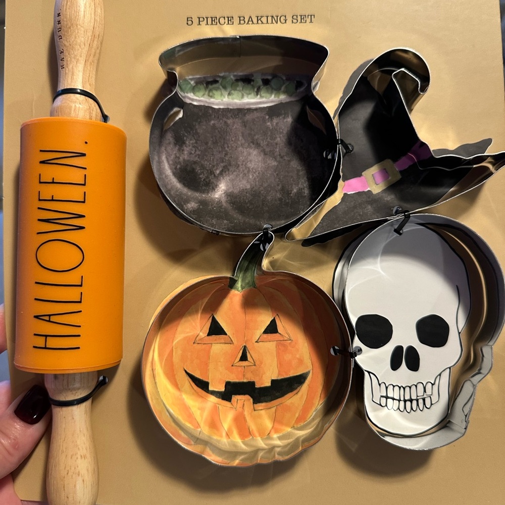 Rae Dunn Halloween Orange Mini Rolling Pin and Cookie Cutters pumpkin 🎃 💀 Witch